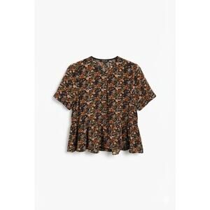 Madewell 100% Silk Floral Peplum Blouse Button Front Short Sleeve Brown S